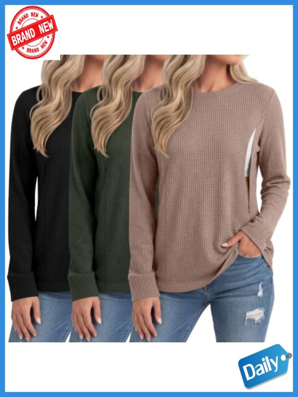 3 Pack Nursing Long Sleeve Tops with Hidden Zippers, Soft Waffle Knit